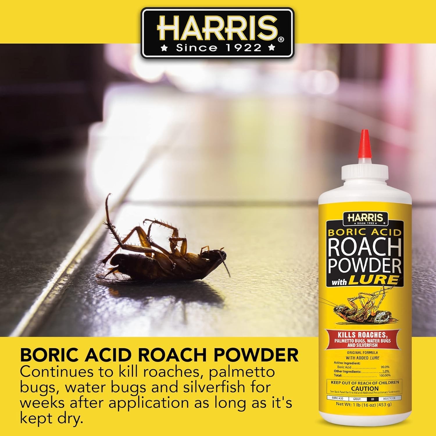 HARRIS Boric Acid Roach and Silverfish Killer Powder w/Lure for Insects (16oz)..