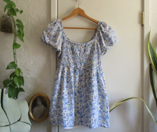 American Eagle Outfitters Blue White Yellow Smocked Mini Dress Milkmaid Boho, M