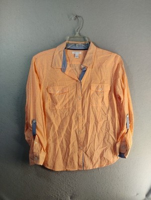 Nautica Womens Top XL Orange Geometric Cotton Long Roll Tab Sleeve Button Up