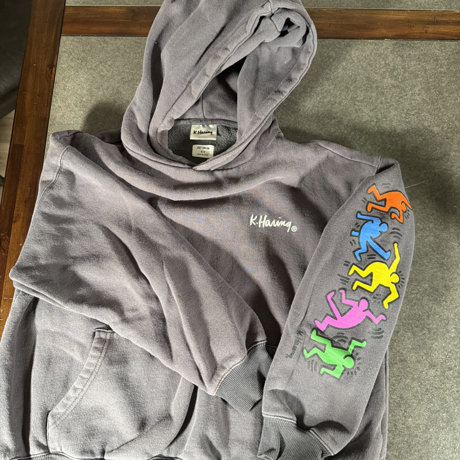 Keith Haring Hoodie Men’s Small Gray Graphic Pullover Streetwear Art Sweatshirt