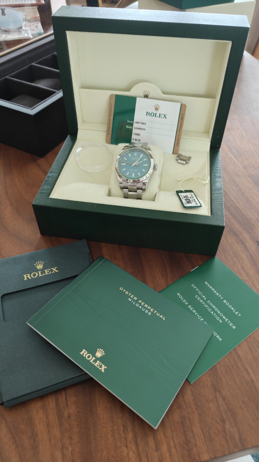 Rolex Milgauss 116400GV Blue Dial Green Crystal Smooth Bezel image 2