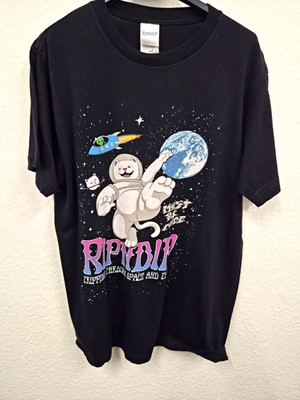 RIPNDIP Herren T-Shirt Schwarz M Kurzarm Rundhals Logo Katze Weltall Print