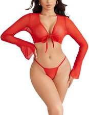 Avidlove Sheer Crop Tops with G-String Red Size Large