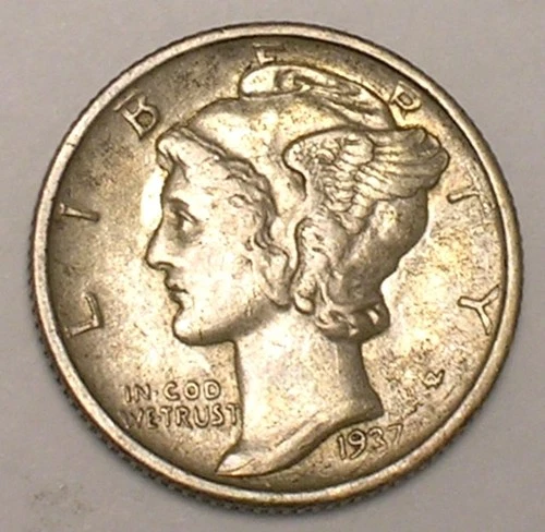 1937 D Mercury Winged Head Dime 10 Cents Silver Coin XF