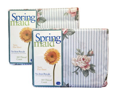 Lot of 2 Springmaid Twin Flat Sheets Chambray Rose Floral Blue Stripe USA Made