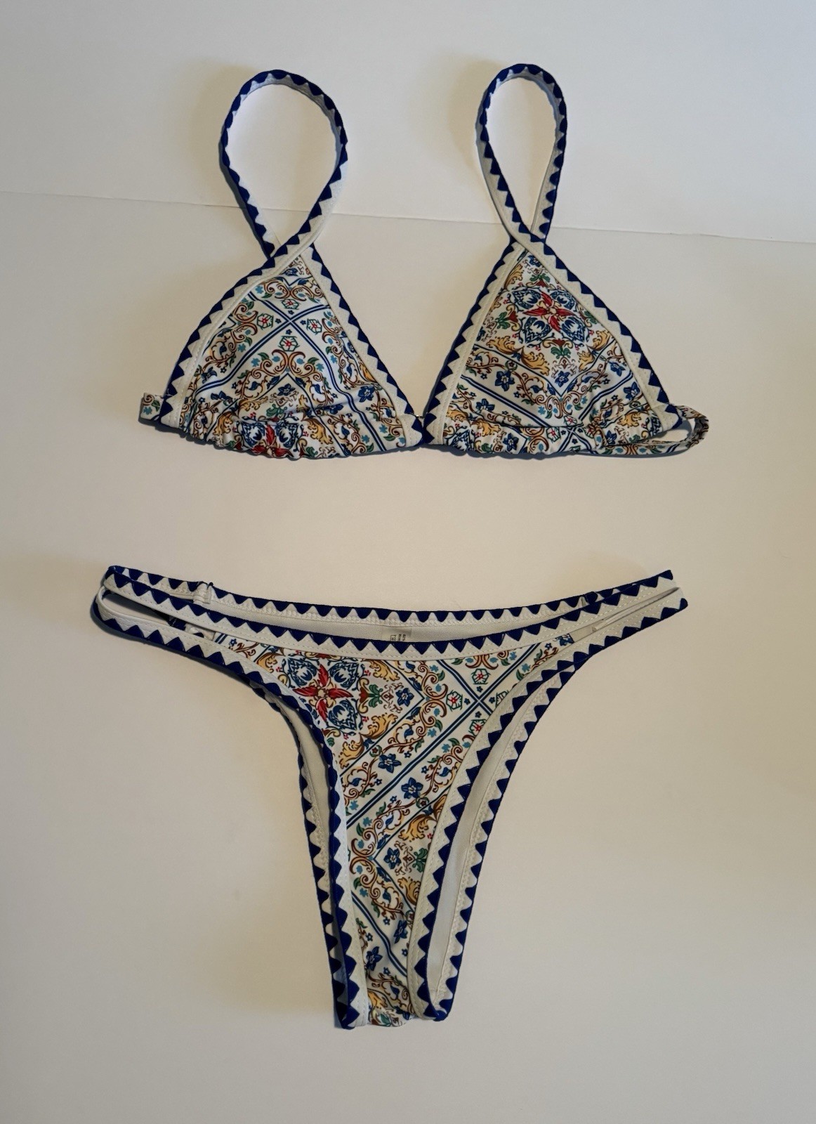 Boho Print Bikini With Royal Blue Zig Zag Print trim In Size Small
