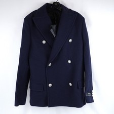 Balmain Wool Blend Pea Coat In Dark Blue With...