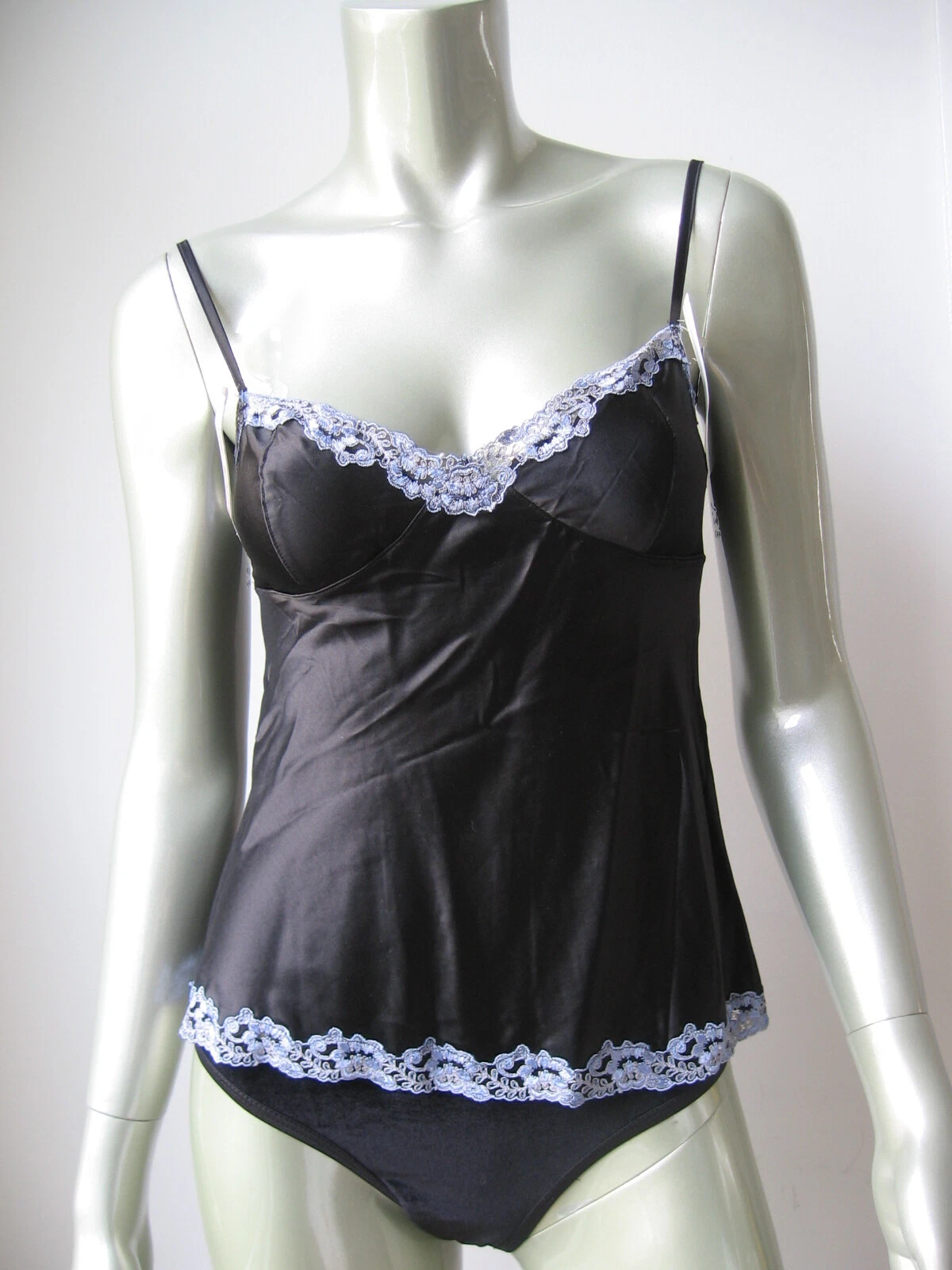 www.prominentresults.com :N032 Vintage Felina NEW Contrast Lace Rear Button Closure Stretch Silk Camisole