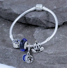925 Sterling Silver CZ European Bracelet Bangle W/ Charms Beads Blue Pumpkin Car