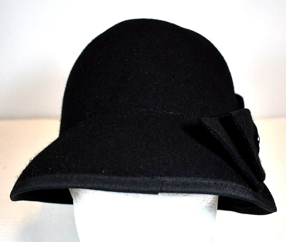 Sombrero de cubo Calvin Klein nuevo sin etiquetas negro de lana con lazo y detalles de botones plateados Foto 2 de 4