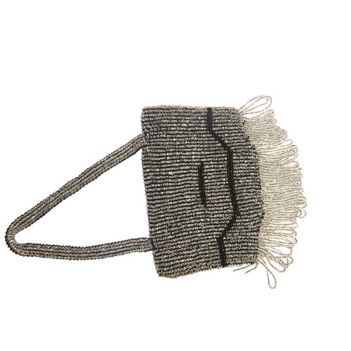Vintage Fringed Black Beaded Evening Bag with Brocade Lining Art Deco - Picture 6 of 8