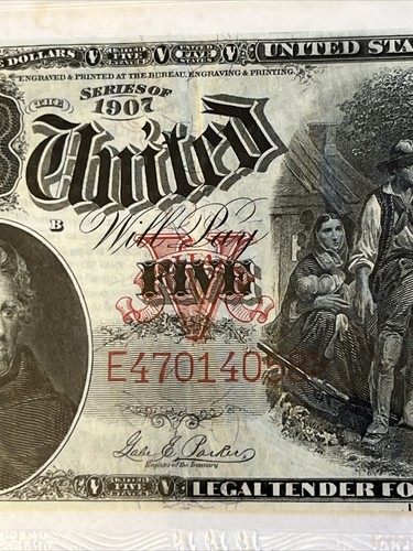1907 $5 Legal Tender Woodchopper Large Size Note PMG Graded "Ch XF 45 EPQ" Fr#91 - Picture 4 of 20