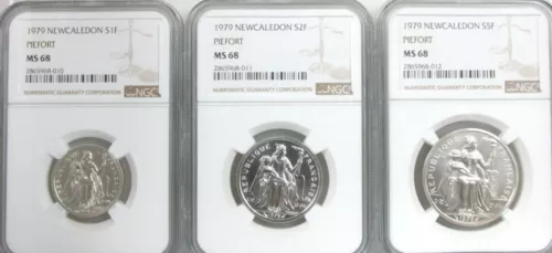Set of 3 PIEFORT 1979 New Caledonia Silver 1 2 & 5 Francs NGC MS 68 Q4B2