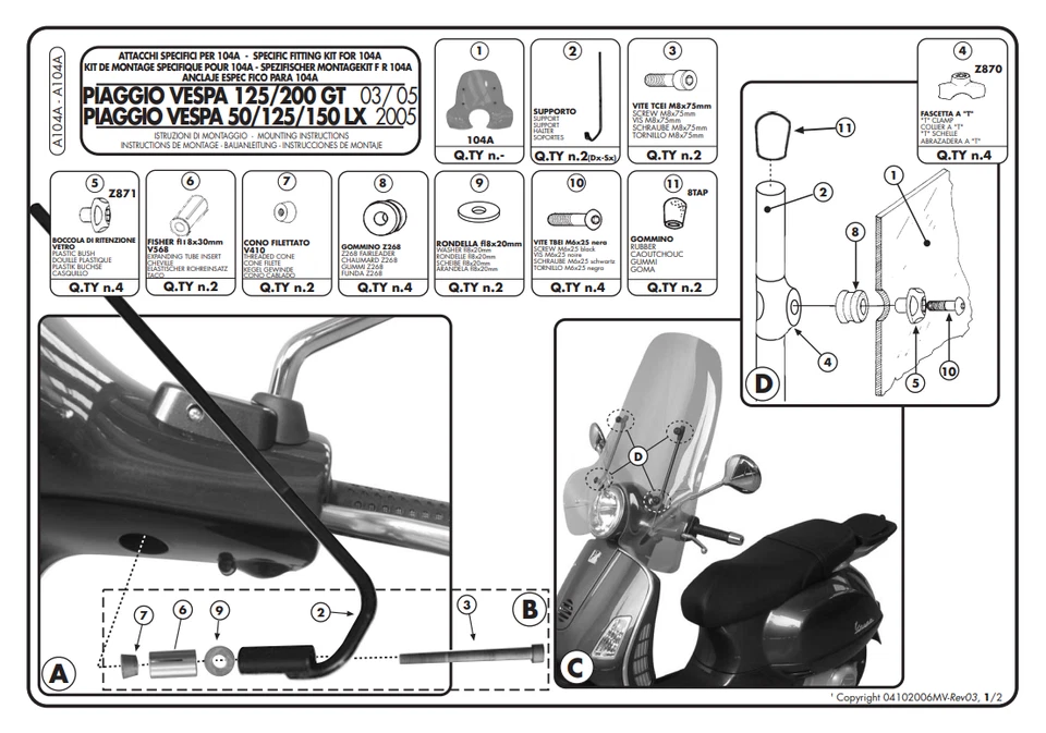 GIVI Kit Attacchi parabrezza per PIAGGIO Vespa 125-200 granturismo 2003-2008 - Immagine 2 di 4