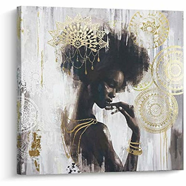 African American Canvas Wall Art Gold Black Women Portrait Decor For Living
