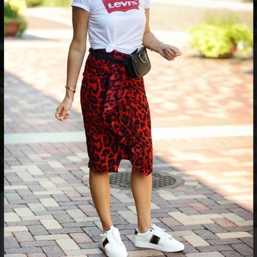 ZARA ASYMMETRICAL RED ANIMAL PRINT LEOPARD RUFFLE MIDI SKIRT 1165/164/600 XS - Picture 8 of 12