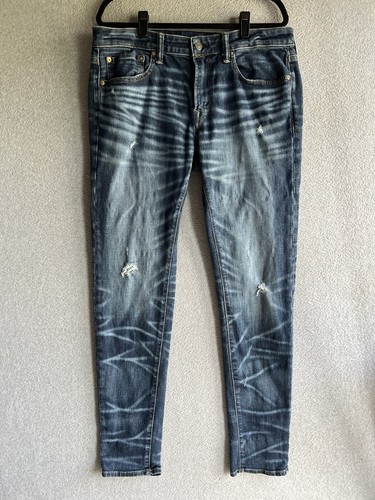 American Eagle Jeans Mens 34x36 Blue Skinny Denim Airflex Distressed Whiskered