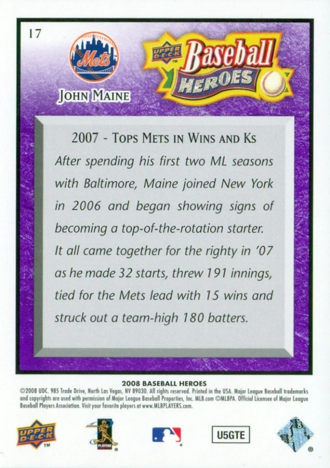 John Maine 2008 cubierta superior béisbol héroes #17 - púrpura paralelo SP/UD #07/25 Foto 2 de 2