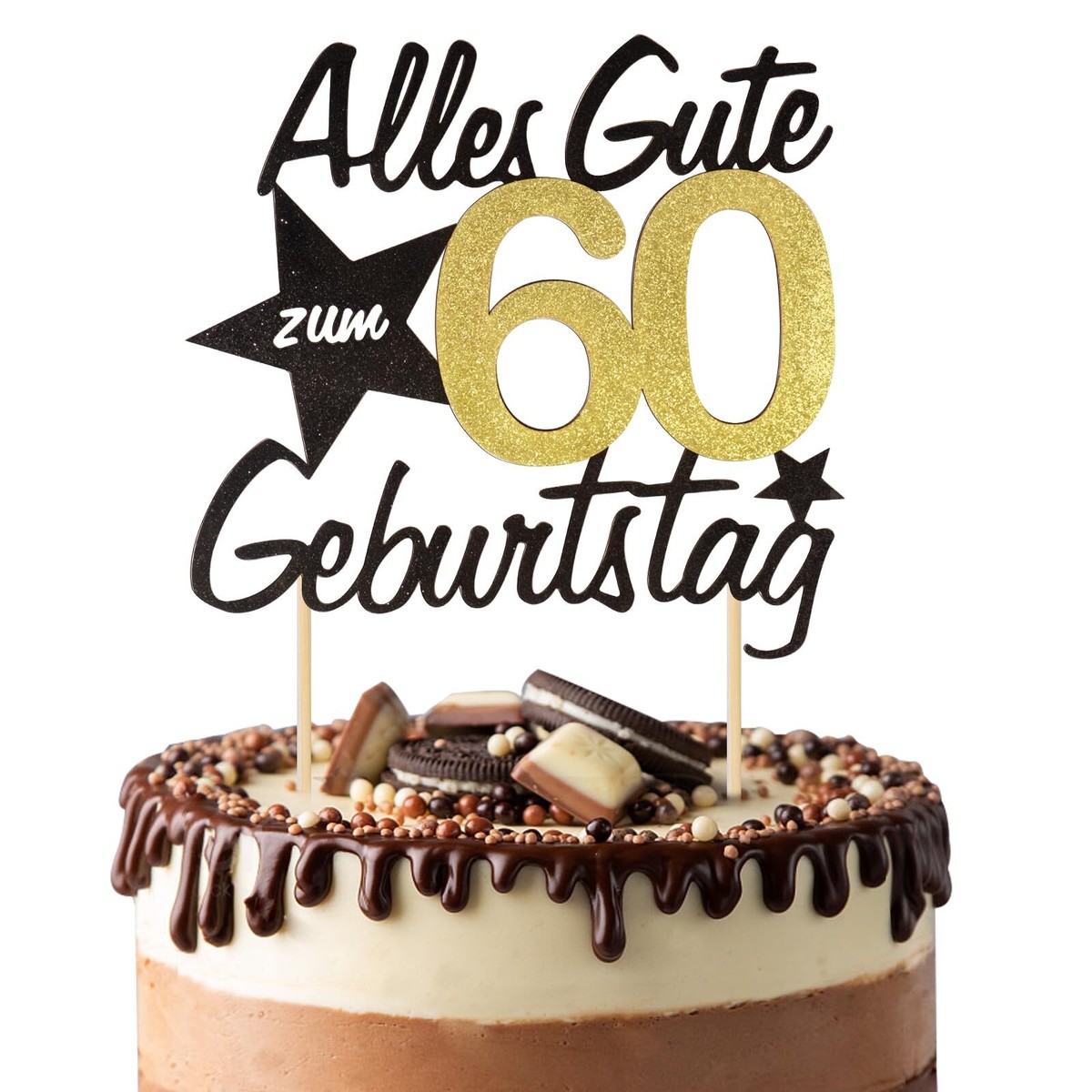 Tortenaufsatz Zum 60. Geburtstag – Goldfarben Glitzernd, Aus Lebensmittelechtem Material, Mit Stiel