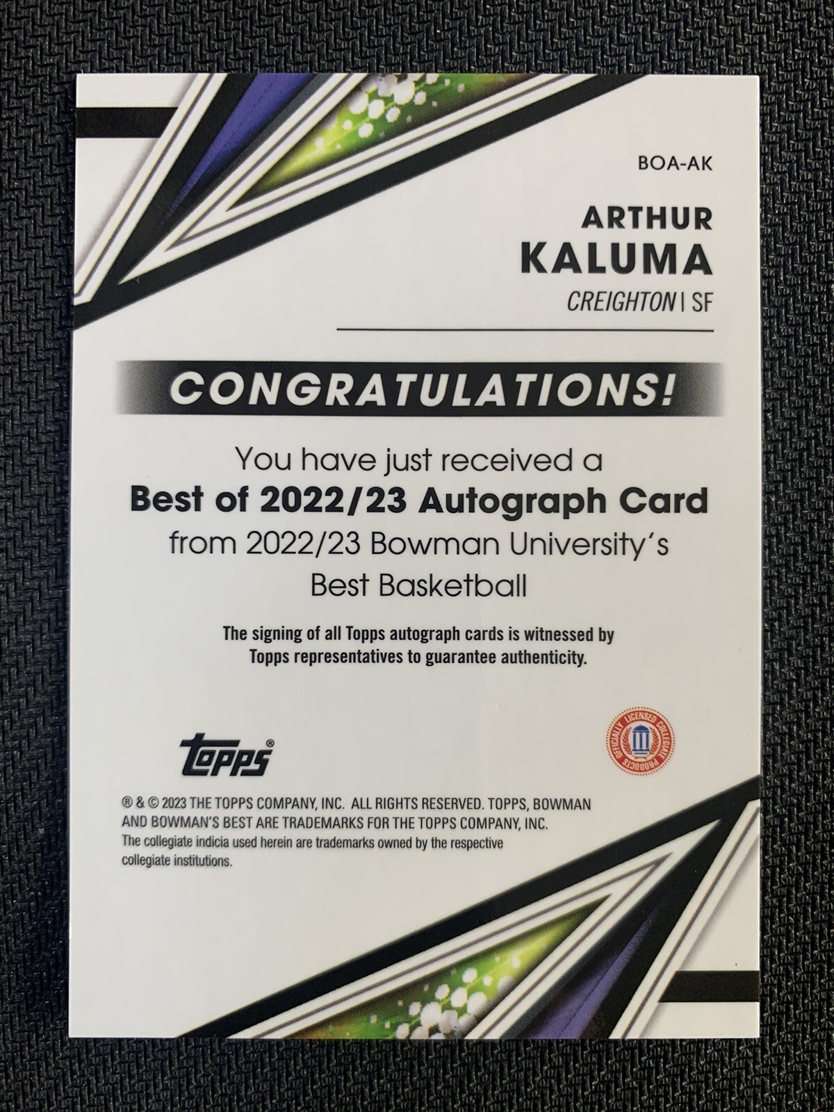Arthur Kaluma 202223 Bowman’s Best U Auto Kansas State Wildcats