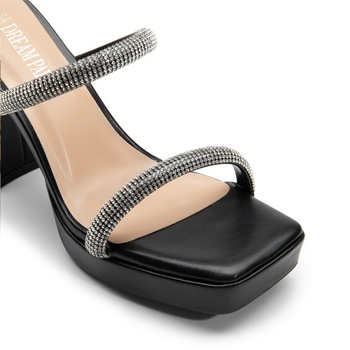 Womens Platform Chunky Heels Square Open Toe Rhinestone Strap High Heeled Sandal - Picture 46 of 49