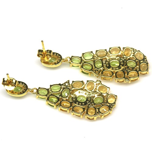 Gemstone Green Peridot, Yellow Citrine & Zircon Earrings 925 Silver 18K Gold - Picture 3 of 4