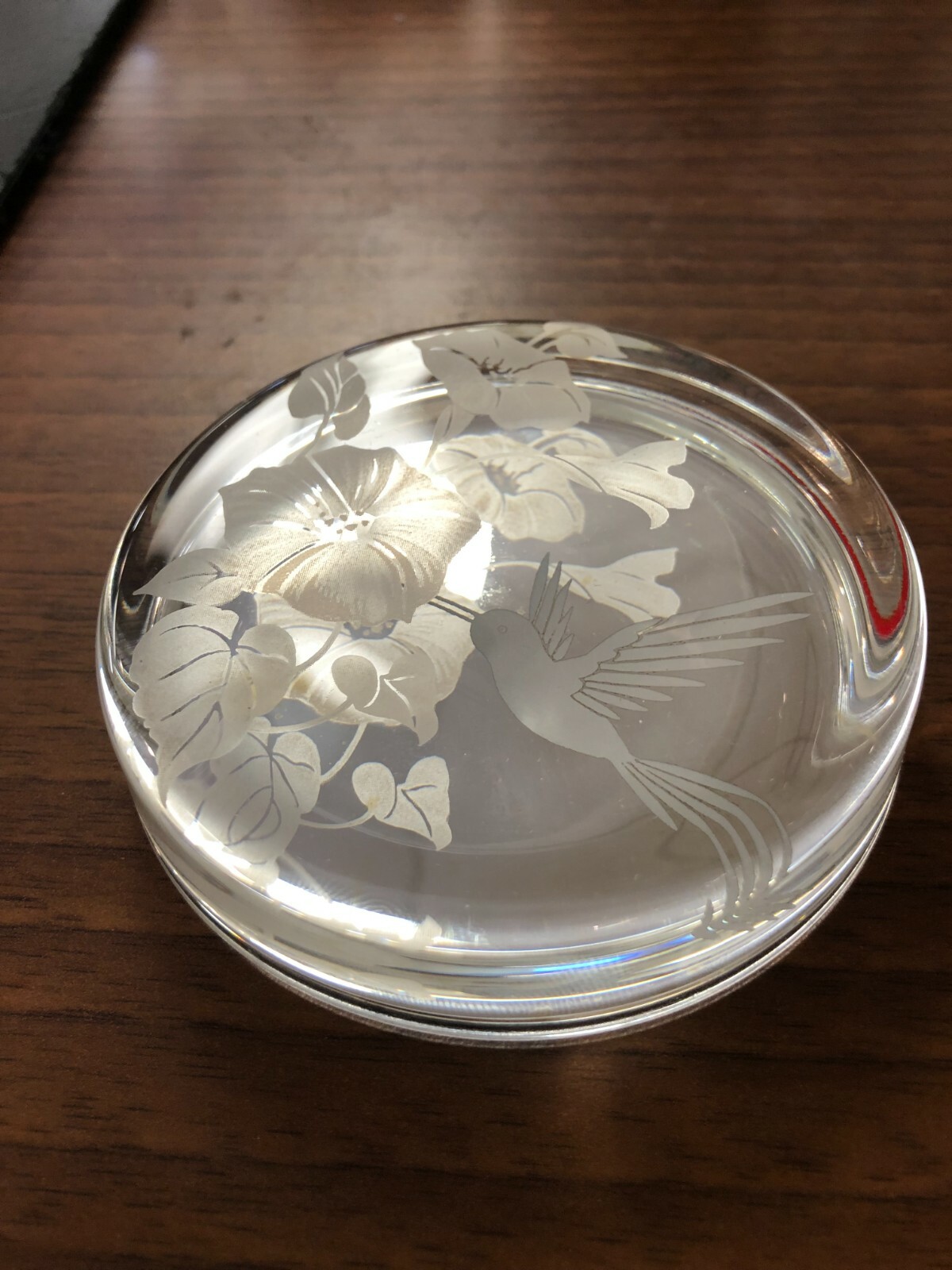 Hummingbird & Flowers Etched Glass Paperweight eBay