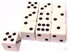 Set of 10 Square Opaque 16mm D6 Dice - White with Black Pip Die. Limited Deal !!