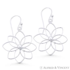 Flower Charm Open Multi-Petal .925 Sterling Silver Dangling / Drop Hook Earrings