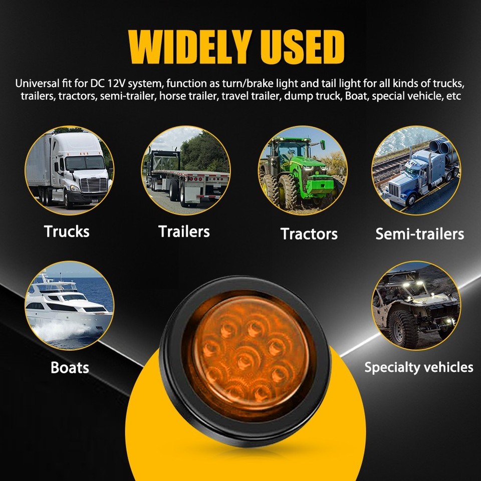 Trailer Marker Lights Red 2-Pack Round Amber 9 LED Side Marker Lights For Trailers - Grommet Mount, Clearance Lights Grommet Mount Clearance Lights