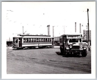 Vtg B&W Snapshot Public Service NJ Trolley #3158 & Bus Federal St Ferry Camden
