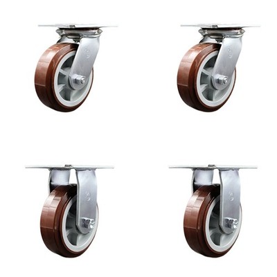 6 Inch Polyurethane Caster Set with Roller Bearing 2 Swivel Lock and 2 Rigid SCC