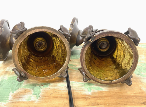 RESTORED Pair Antique Vtg Tudor Arts Crafts Wall Sconces Amber Glass Porch Light - Picture 20 of 24