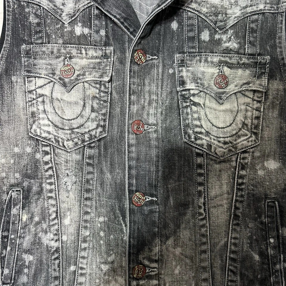 Chaleco Denim Hombre TRUE RELIGION JIMMY 1/2 Distress Negro Crucero Lento Talla Grande Foto 3 de 4
