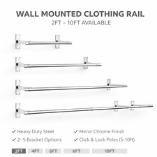 25mm Wall Mounted Clothes Rail Chrome Garment Hanging Bar