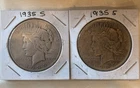 LOT (2) 1935-S PEACE SILVER DOLLAR~VF+ ~NICE LOT OF 2 COINS USA 90% SILVER VTG