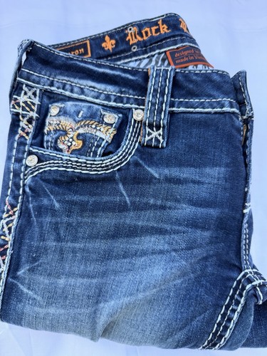 Pantalones de mezclilla Rock Revival para mujer 26x29 Caronte ajustados pedrería bordados desgastados - Imagen 1 de 15
