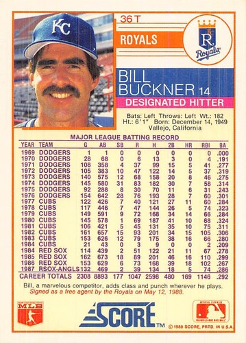 Bill Buckner 1988 Score Rookie & Traded 36T Kansas City Royals Baseballkarte - Bild 2 von 2
