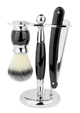 Union Razor SS5 - 3 Piece Folding Straight Razor Shave Kit Black Brush Stand
