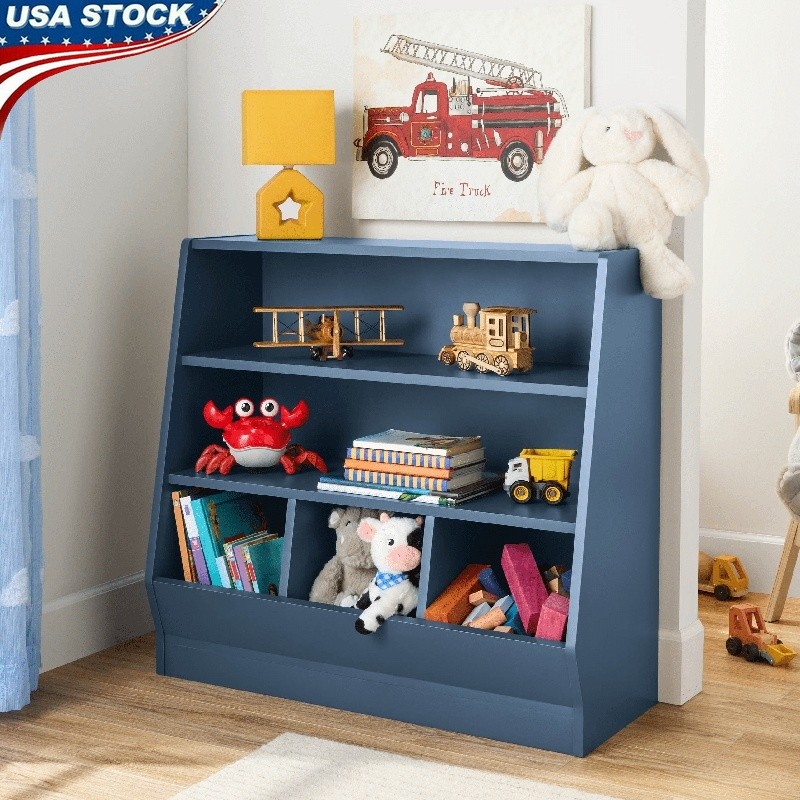 Kids Bookcase W/ Storage Bins Organized Shelves Toy Storage Playroom Furniture