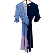 Hutch Flutter Sleeve Faux Wrap Midi Zip Color Block Pastel S Dress MSRP $350
