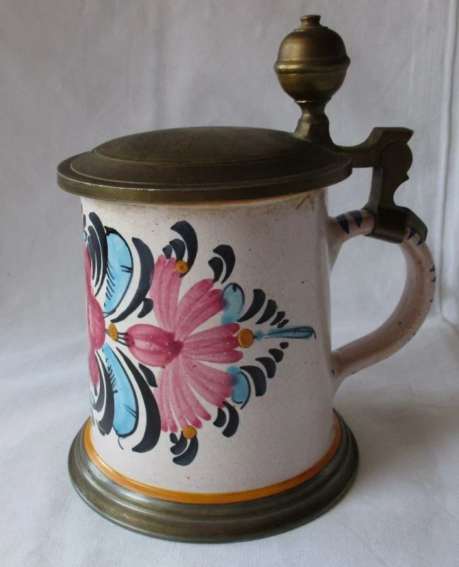 antiker Fayence Keramik Walzenkrug mit Zinndeckel Bauernkrug vor 1900 (124901) - Bild 1 von 1