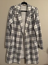 MELLODAY LONG BLAZER TOPPER JACKET WHITE BLACK WINDOWPANE OPEN FRONT POCKETS XL