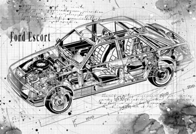 Line Tech Zeichnung Ford Escort Cutaway Kunst Poster Druck