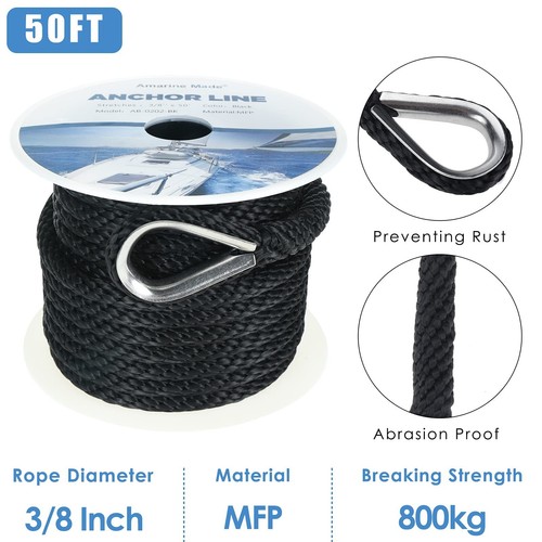 3/8 Inch 50FT Solid Braid MFP Nylon Rope Anchor Line with Thimble Boat