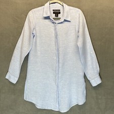 TAHARI 100% Linen Top Womens Size Small Roll Tab Sleeve Blue Shirt Dress