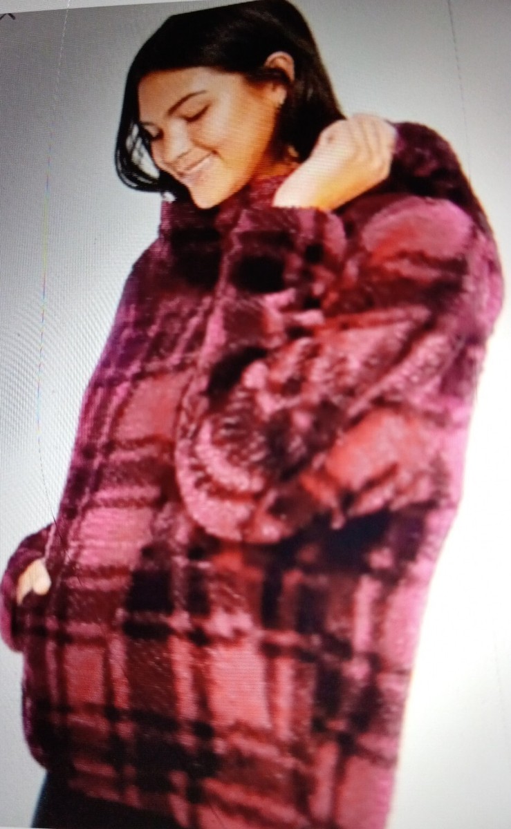 Victorias Secret PINK Fleece Sherpa M Pullover Funnel Hoodie Jacket Red  Plaid