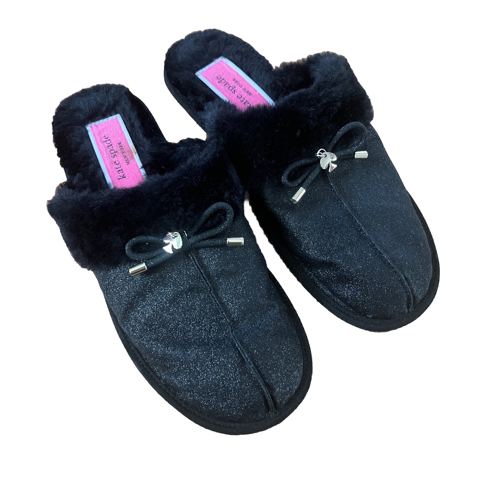 SAOLA Ciabatte Kate Spade pizzo pelliccia sintetica fiocco charm nero suola rigida taglia 7 5