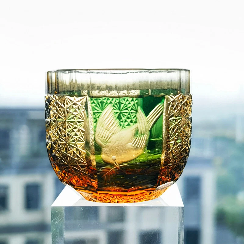 2oz Amber Green Edo Kiriko Glass Cup Shot Glasses For Sake Handmade Cased Glass