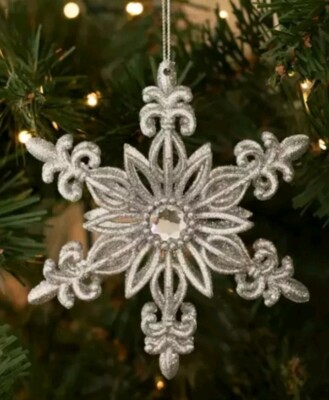 NEW Shatterproof Christmas Ornament Snowflake Silver Glitter Rhinestone Gem 4 Pc